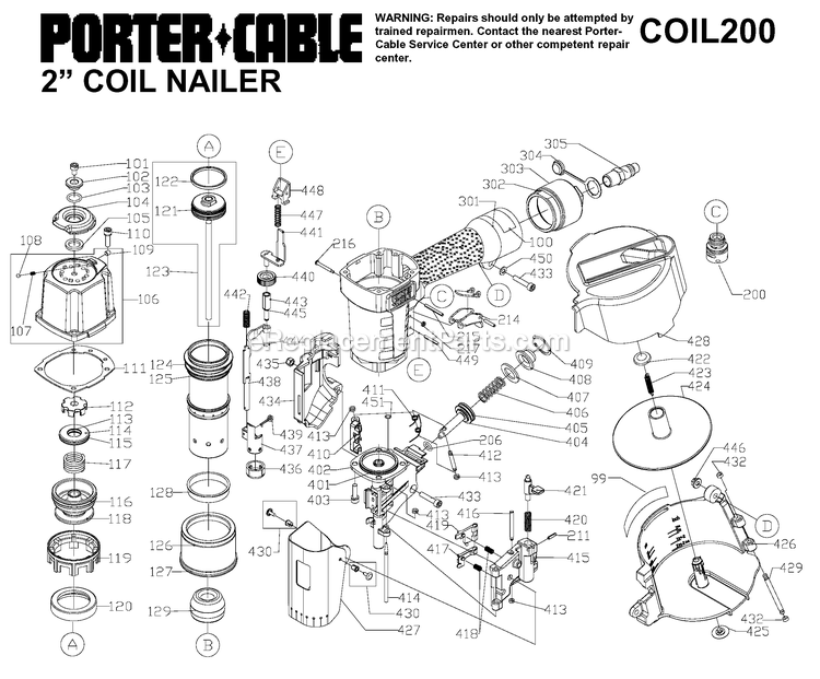 Porter Cable COIL200 (Type 1) 2in Coil Nailer Kit Power Tool Page A Diagram
